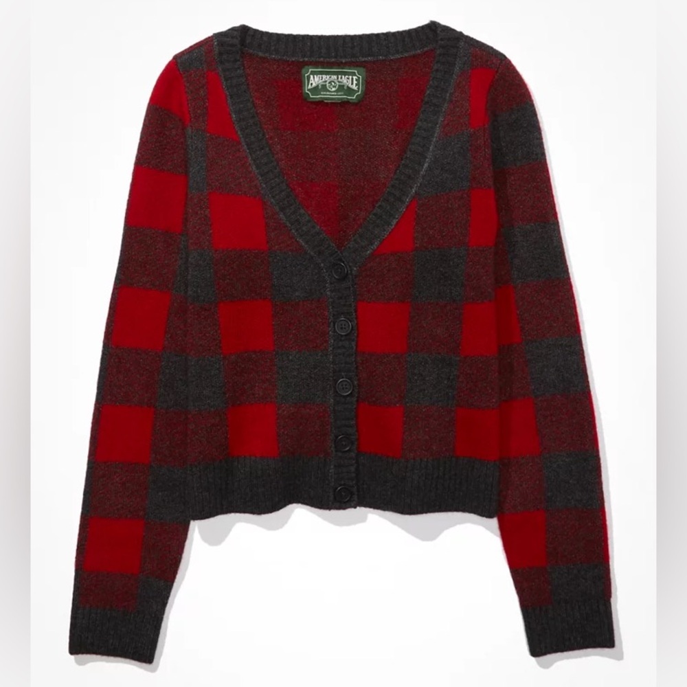 American Eagle Red & Grey Plaid V-Plunge Open Front Cropped Cardigan
